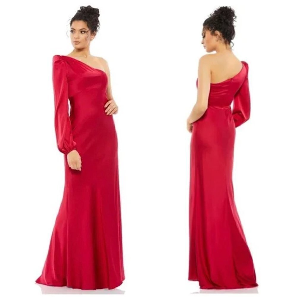 MAC DUGGAL One-Shoulder Long Sleeve Chiffon Column Gown in Ruby Size US 0